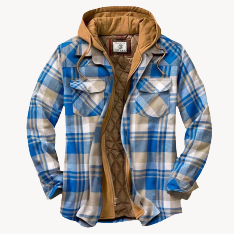 "Wetterfeste Flanell-Charme Herrenjacke in Holzfälleroptik, ideal für Outdoor, zeigt robustes Design mit praktischen Taschen.