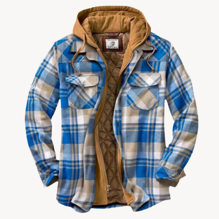 "Wetterfeste Flanell-Charme Herrenjacke in Holzfälleroptik, ideal für Outdoor, zeigt robustes Design mit praktischen Taschen.