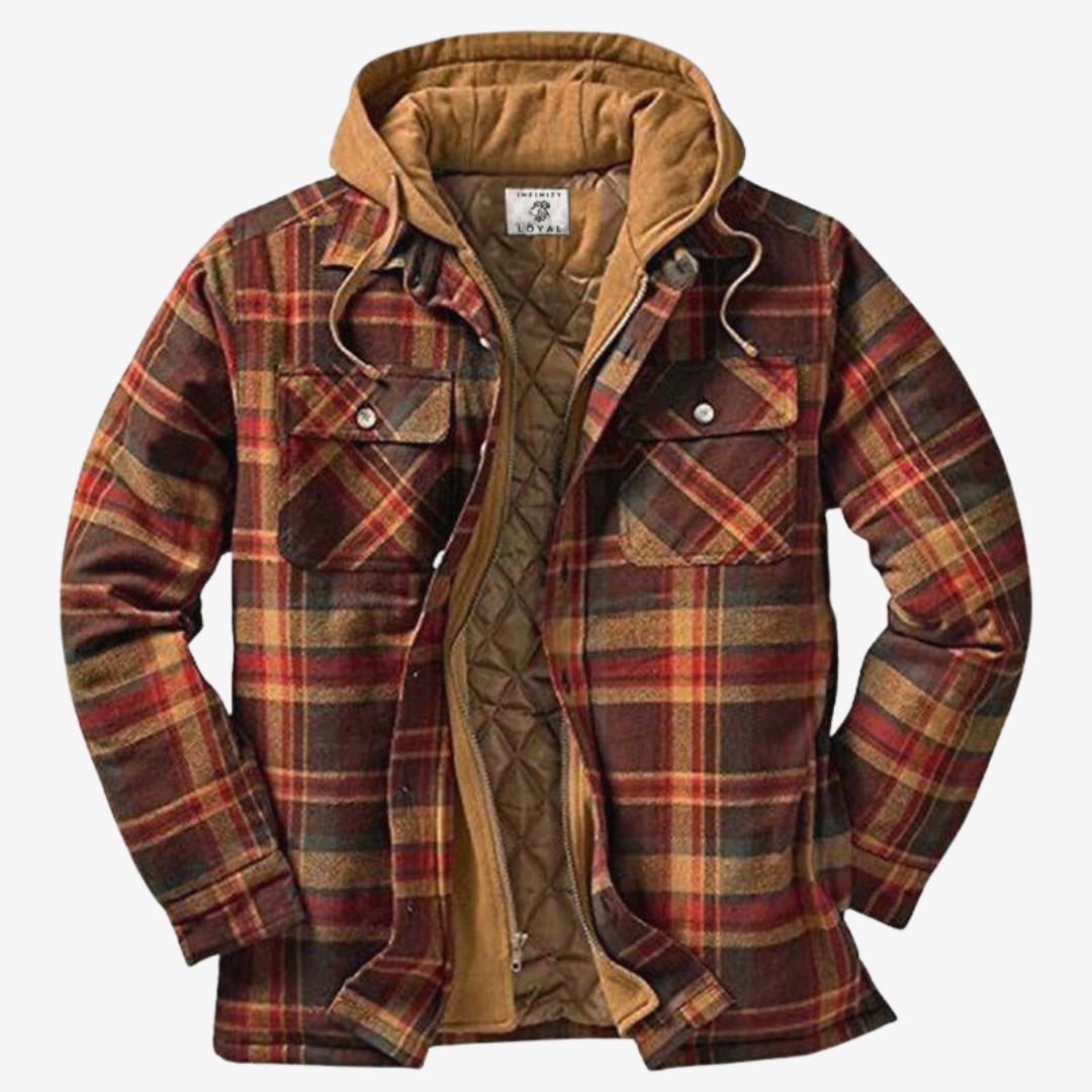 "Wetterfeste Flanell-Charme Herrenjacke in Holzfälleroptik, ideal für Outdoor, zeigt robustes Design mit praktischen Taschen.