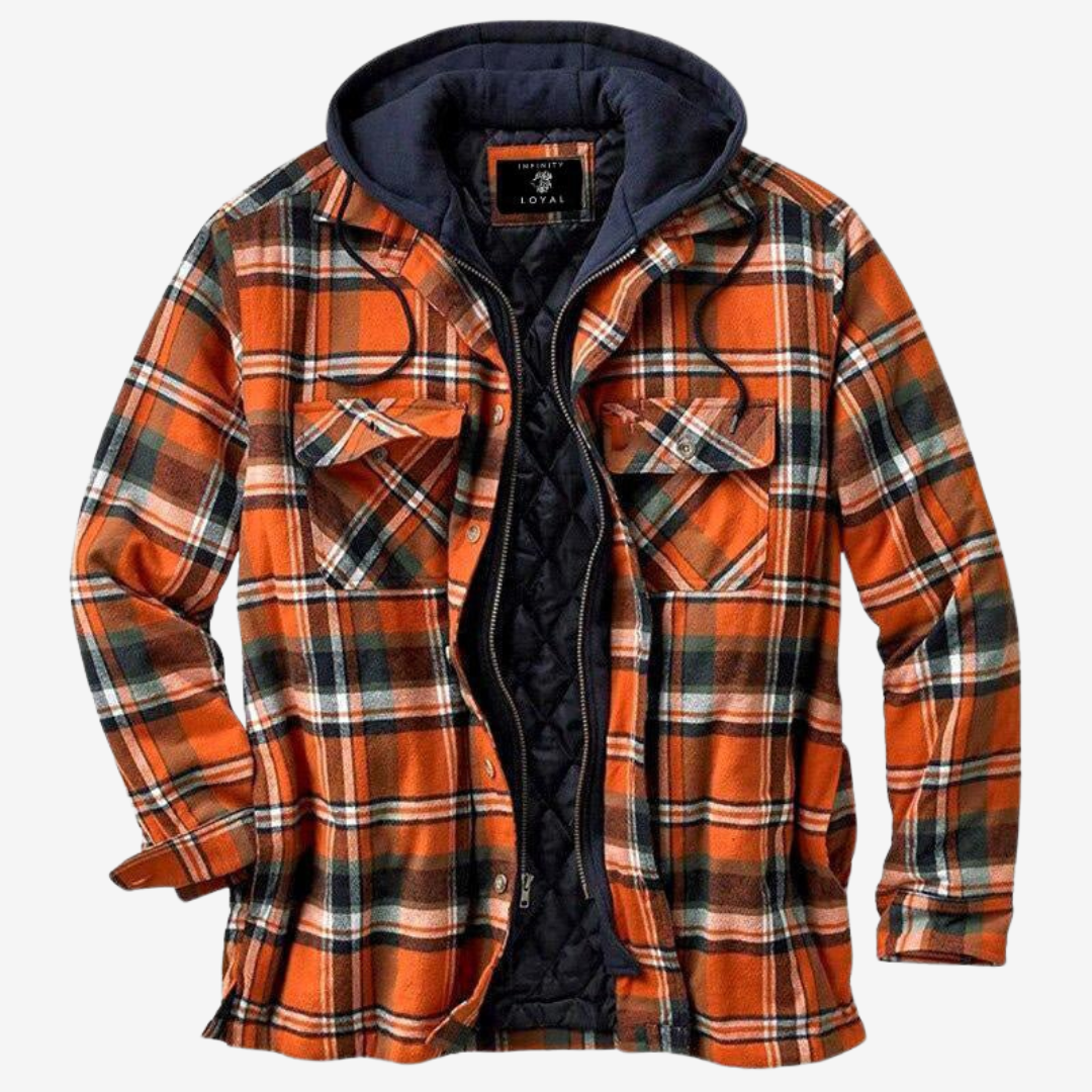 "Wetterfeste Flanell-Charme Herrenjacke in Holzfälleroptik, ideal für Outdoor, zeigt robustes Design mit praktischen Taschen.