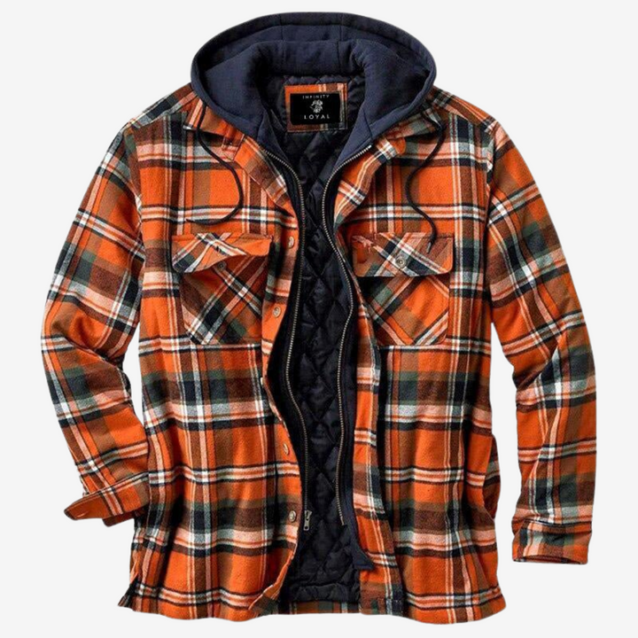 "Wetterfeste Flanell-Charme Herrenjacke in Holzfälleroptik, ideal für Outdoor, zeigt robustes Design mit praktischen Taschen.