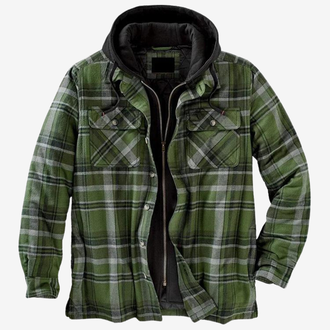 "Wetterfeste Flanell-Charme Herrenjacke in Holzfälleroptik, ideal für Outdoor, zeigt robustes Design mit praktischen Taschen.