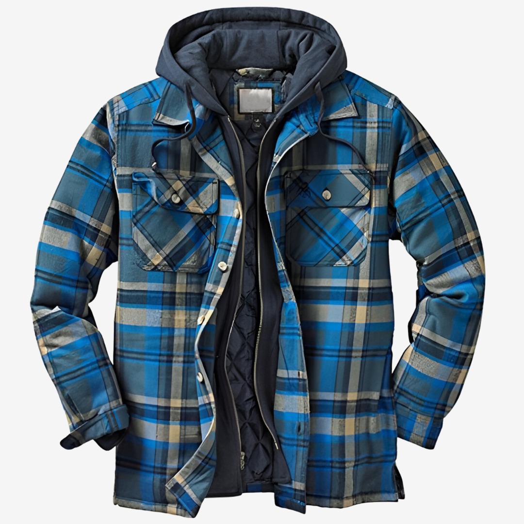 "Wetterfeste Flanell-Charme Herrenjacke in Holzfälleroptik, ideal für Outdoor, zeigt robustes Design mit praktischen Taschen.