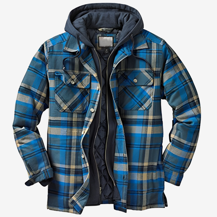 "Wetterfeste Flanell-Charme Herrenjacke in Holzfälleroptik, ideal für Outdoor, zeigt robustes Design mit praktischen Taschen.