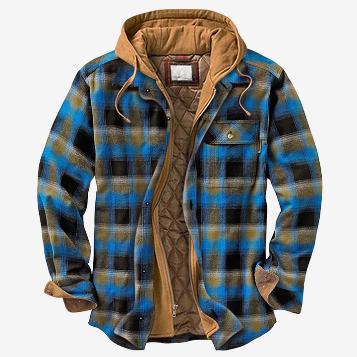 "Wetterfeste Flanell-Charme Herrenjacke in Holzfälleroptik, ideal für Outdoor, zeigt robustes Design mit praktischen Taschen.