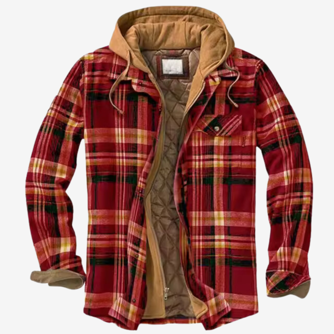 "Wetterfeste Flanell-Charme Herrenjacke in Holzfälleroptik, ideal für Outdoor, zeigt robustes Design mit praktischen Taschen.