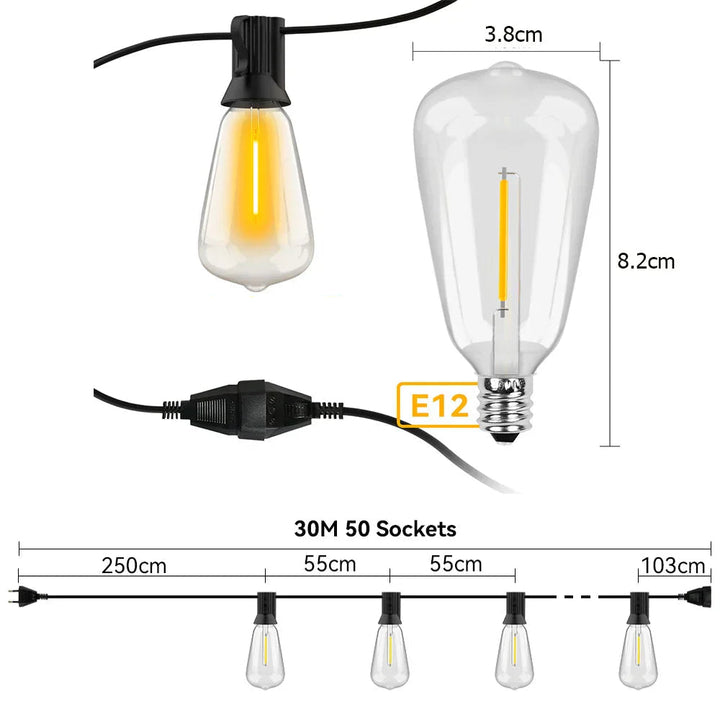 Wetterfeste LED-Lichterkette: energieeffizient und langlebig, ideal für stimmungsvolle Außenbeleuchtung bei jedem Wetter.