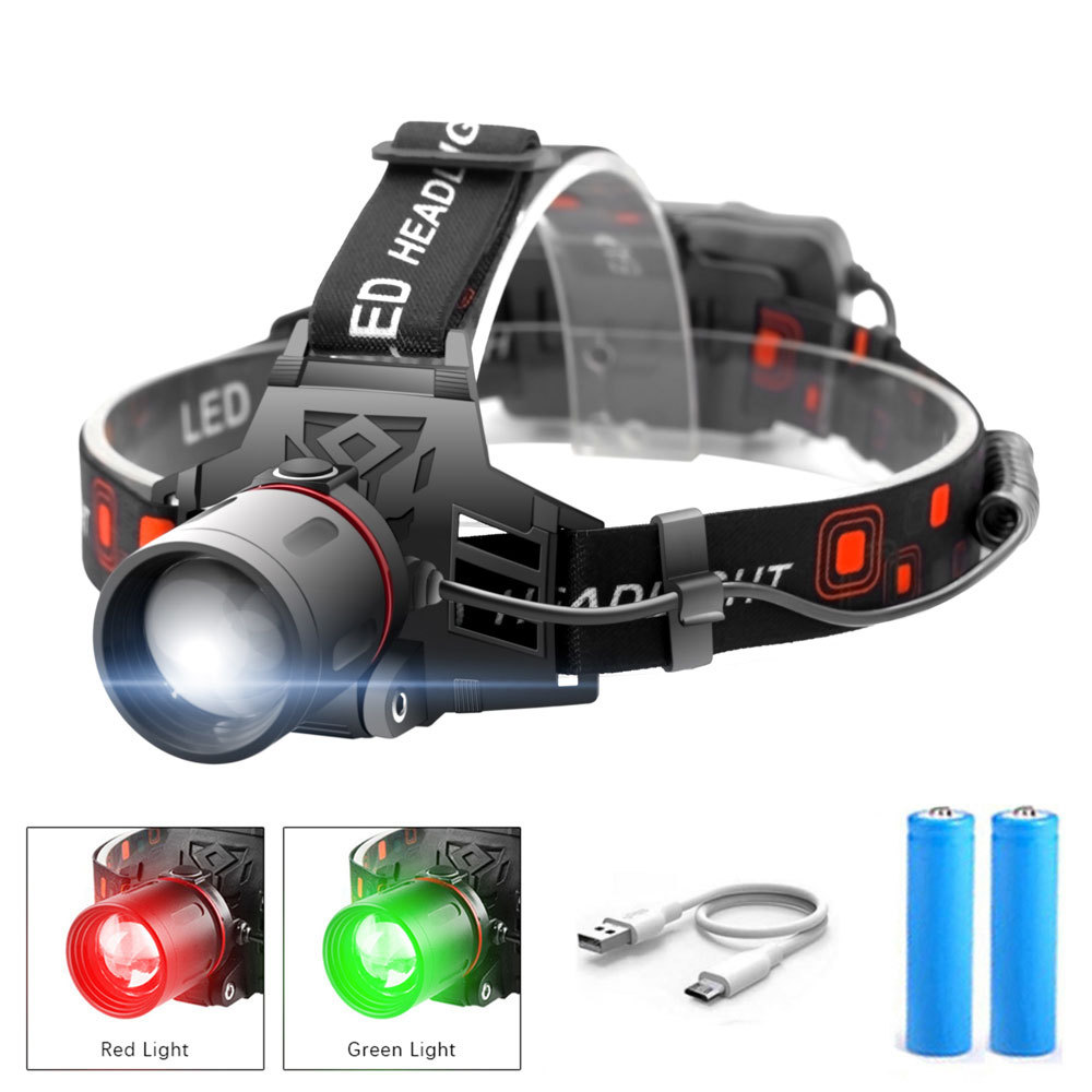 "Wiederaufladbare LED Stirnlampe mit Weiß-, Rot- und Grünlichtmodi, USB-Anschluss und ergonomischem Design für Komfort."