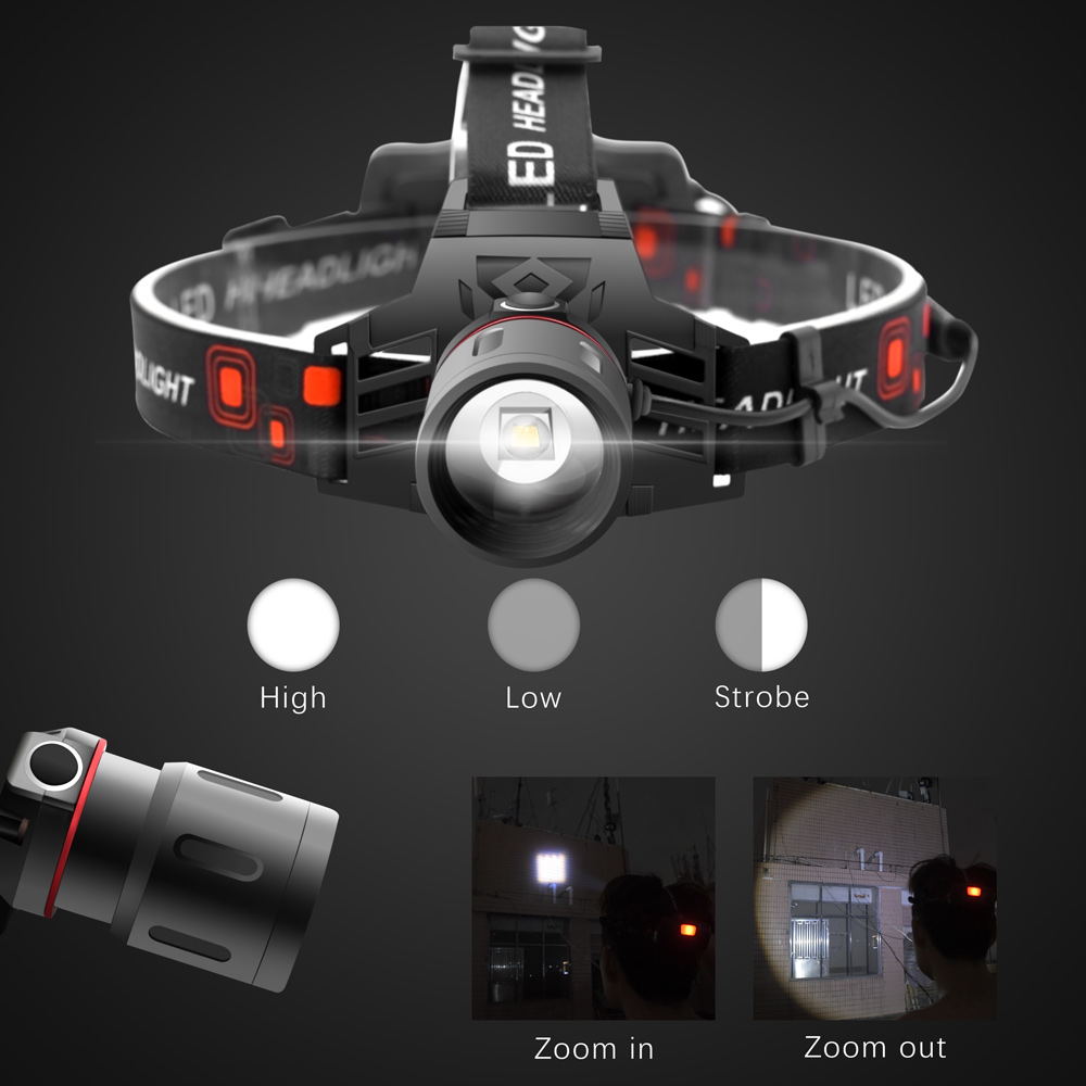 "Wiederaufladbare LED Stirnlampe mit Weiß-, Rot- und Grünlichtmodi, USB-Anschluss und ergonomischem Design für Komfort."