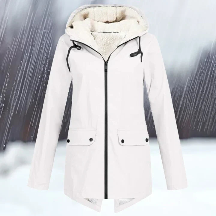 "Wind- und wasserdichte Damenjacke mit verdickter Kapuze, stilvolles Design, ideal für kaltes und nasses Wetter."