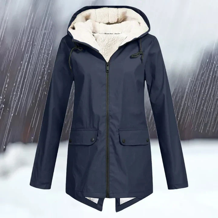 "Wind- und wasserdichte Damenjacke mit verdickter Kapuze, stilvolles Design, ideal für kaltes und nasses Wetter."