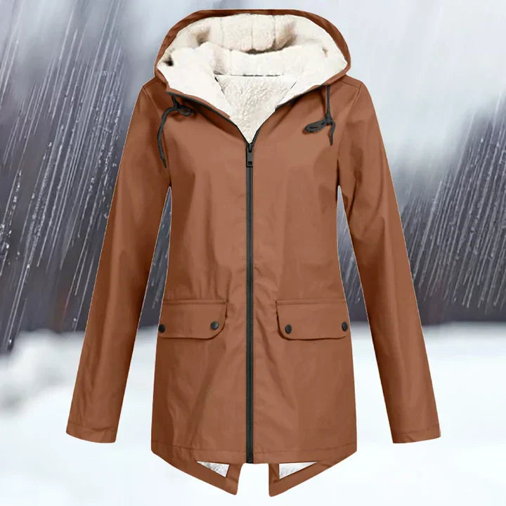 "Wind- und wasserdichte Damenjacke mit verdickter Kapuze, stilvolles Design, ideal für kaltes und nasses Wetter."