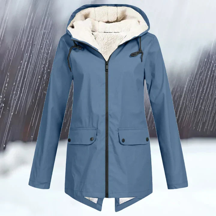 "Wind- und wasserdichte Damenjacke mit verdickter Kapuze, stilvolles Design, ideal für kaltes und nasses Wetter."