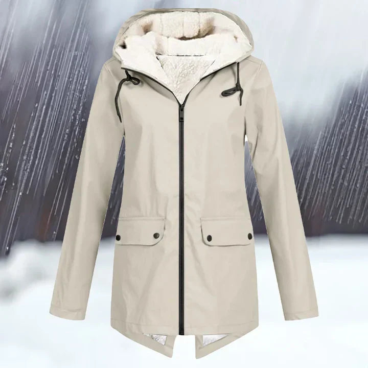 "Wind- und wasserdichte Damenjacke mit verdickter Kapuze, stilvolles Design, ideal für kaltes und nasses Wetter."