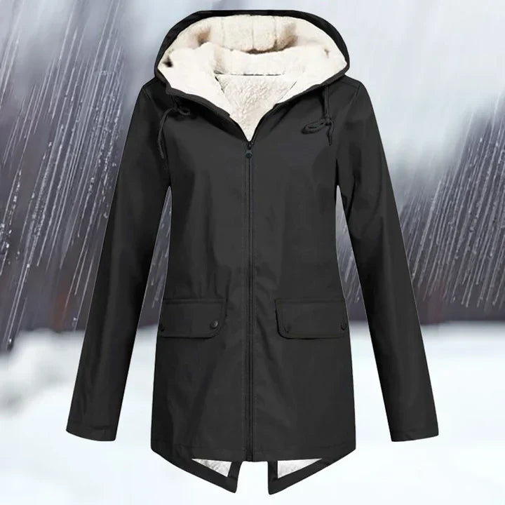"Wind- und wasserdichte Damenjacke mit verdickter Kapuze, stilvolles Design, ideal für kaltes und nasses Wetter."