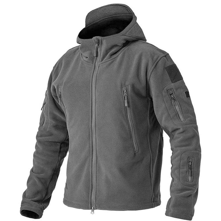 Winddichte Herren-Outdoor-Fleecejacke, grau, mit Taschen; ideal für Wandern, bietet Komfort und Schutz vor Wind.
