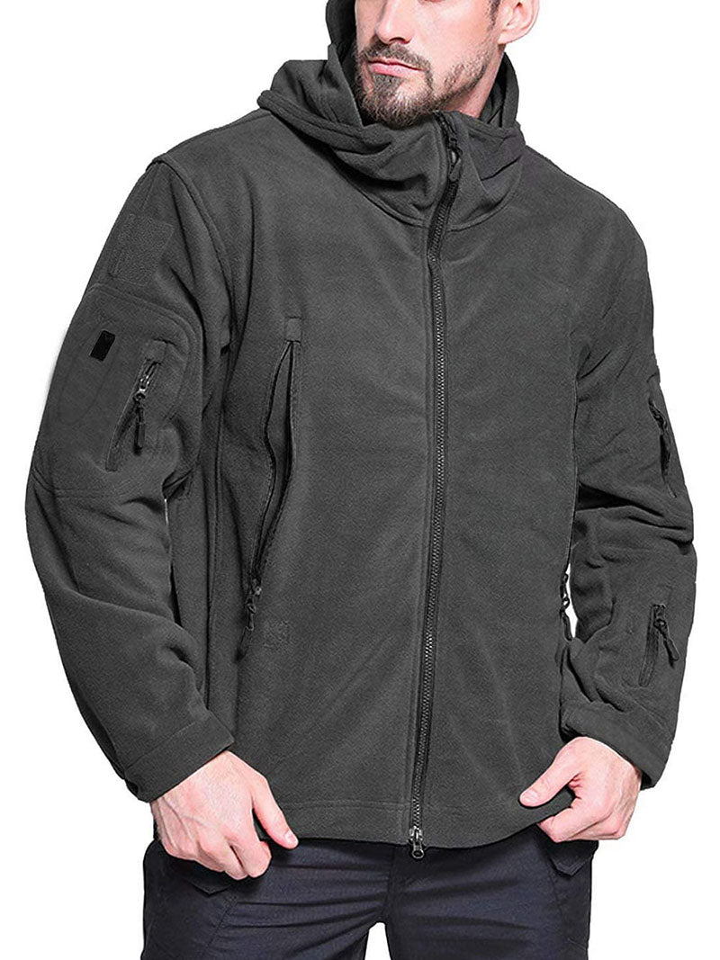 Winddichte Herren-Outdoor-Fleecejacke, grau, mit Taschen; ideal für Wandern, bietet Komfort und Schutz vor Wind.
