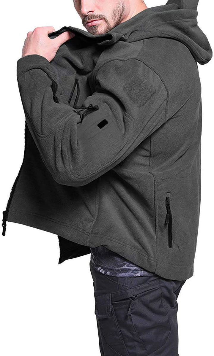 Winddichte Herren-Outdoor-Fleecejacke, grau, mit Taschen; ideal für Wandern, bietet Komfort und Schutz vor Wind.