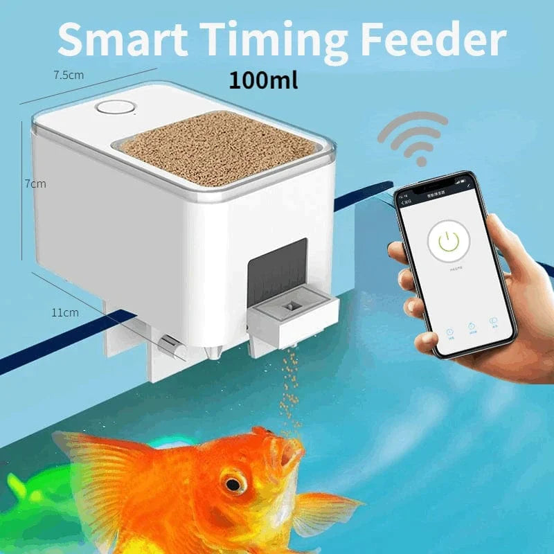 "WLAN-gesteuerter automatischer Fischfutterspender für Aquarien, kompaktes Design, 500ml Behälter, Sprachsteuerung möglich."