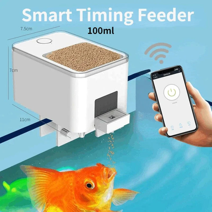 "WLAN-gesteuerter automatischer Fischfutterspender für Aquarien, kompaktes Design, 500ml Behälter, Sprachsteuerung möglich."