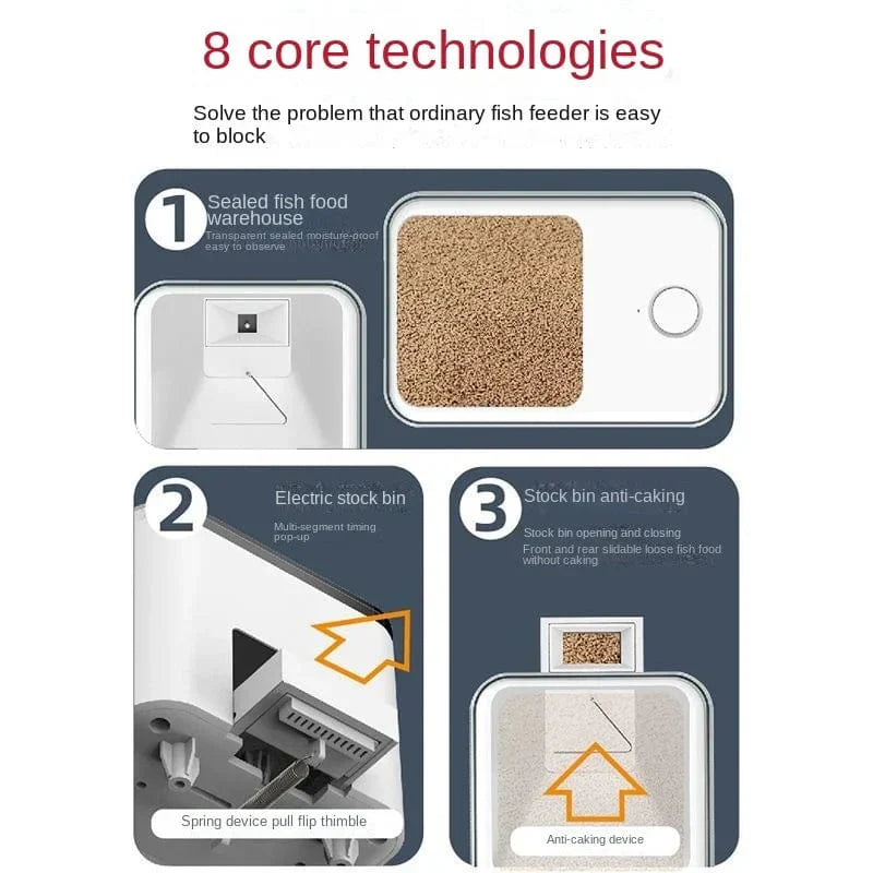 "WLAN-gesteuerter automatischer Fischfutterspender für Aquarien, kompaktes Design, 500ml Behälter, Sprachsteuerung möglich."