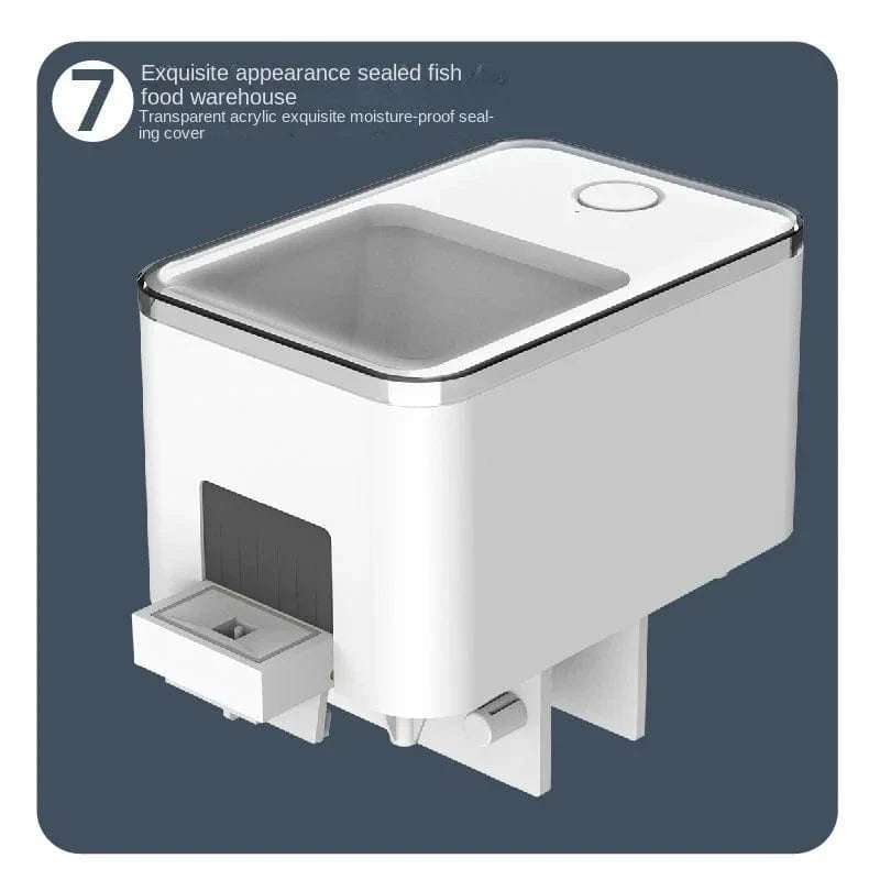 "WLAN-gesteuerter automatischer Fischfutterspender für Aquarien, kompaktes Design, 500ml Behälter, Sprachsteuerung möglich."