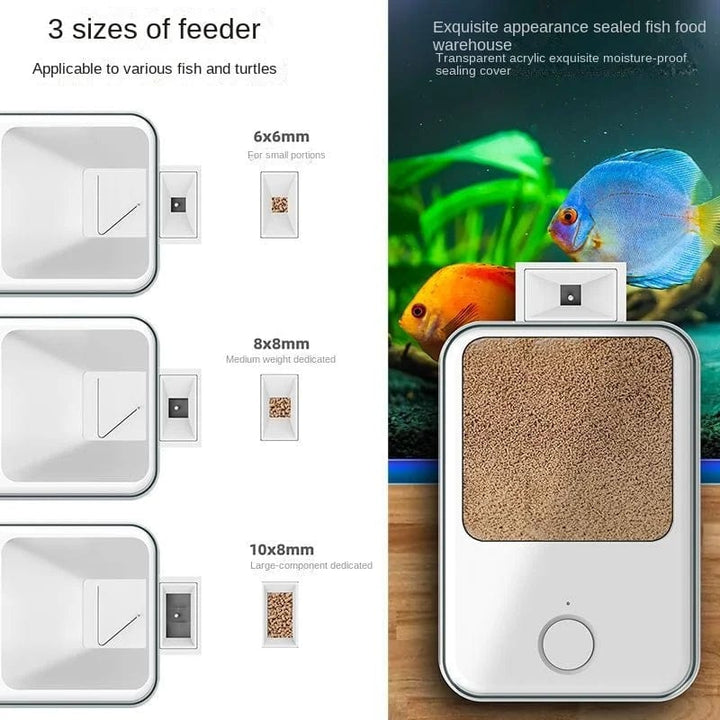 "WLAN-gesteuerter automatischer Fischfutterspender für Aquarien, kompaktes Design, 500ml Behälter, Sprachsteuerung möglich."