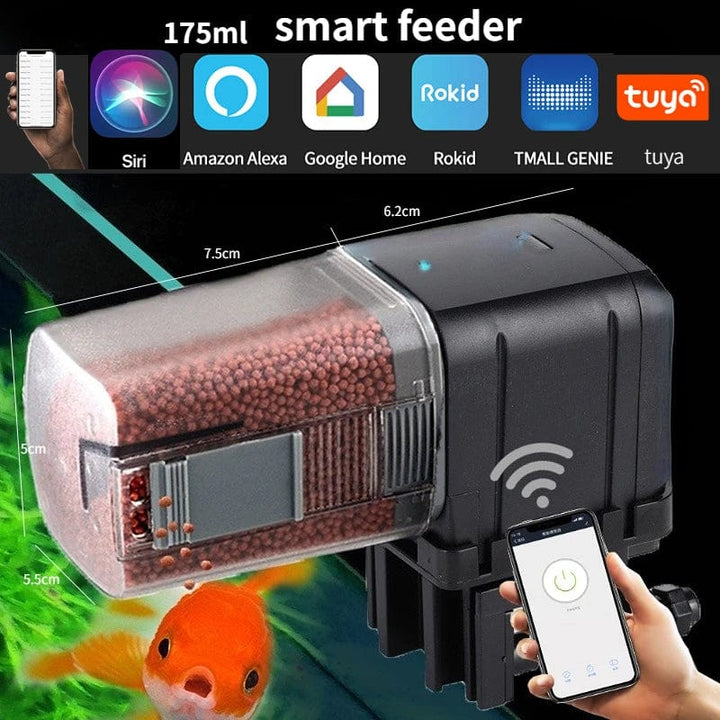 "WLAN-gesteuerter automatischer Fischfutterspender für Aquarien, kompaktes Design, 500ml Behälter, Sprachsteuerung möglich."