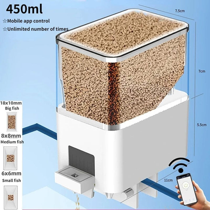 "WLAN-gesteuerter automatischer Fischfutterspender für Aquarien, kompaktes Design, 500ml Behälter, Sprachsteuerung möglich."