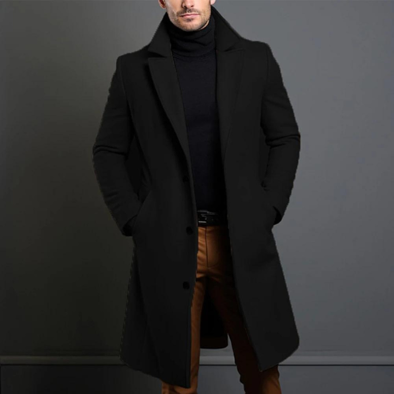 "Wollmantel für Männer, elegant geschnitten in Schwarz mit hohem Kragen, ideal für stilvolle Wintermode"