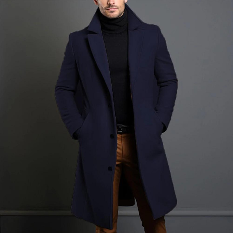 "Wollmantel für Männer, elegant geschnitten in Schwarz mit hohem Kragen, ideal für stilvolle Wintermode"