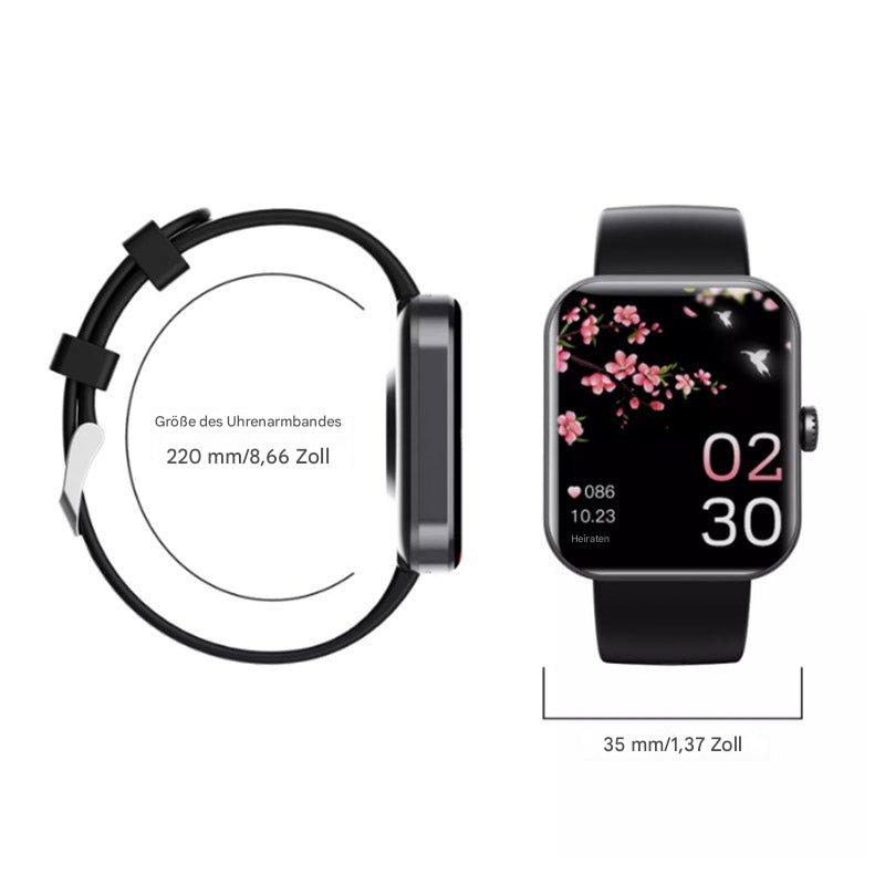 Schwarze Smartwatch mit Blumen-Display, 35mm Gehäuse, 220mm Armband, Fitness-Tracker.