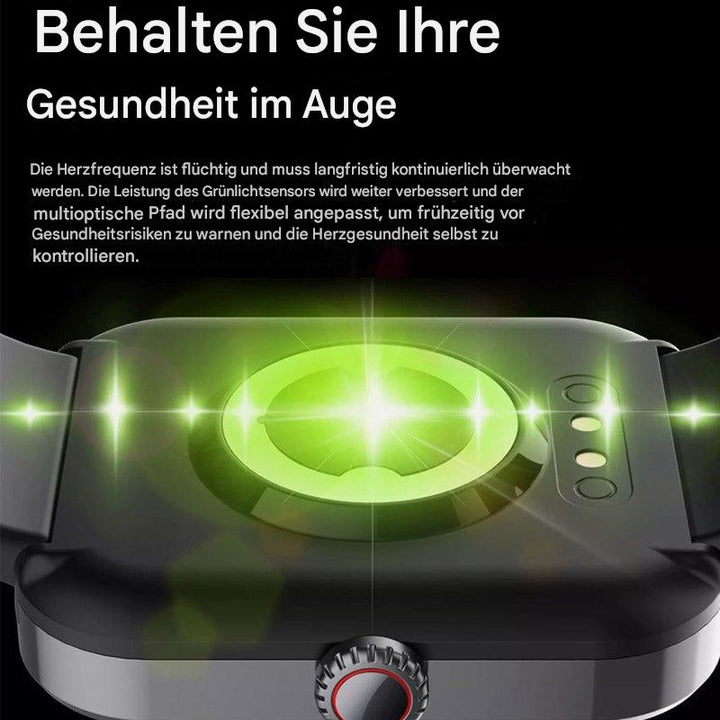 Schwarze Smartwatch mit grünem Herzfrequenzsensor, Gesundheitsüberwachung, Fitness-Tracker.