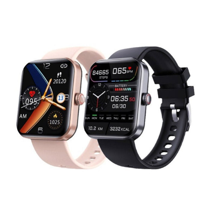 Zwei Smartwatches, rechteckig, roségold und schwarz, mit Fitness-Tracking-Display.