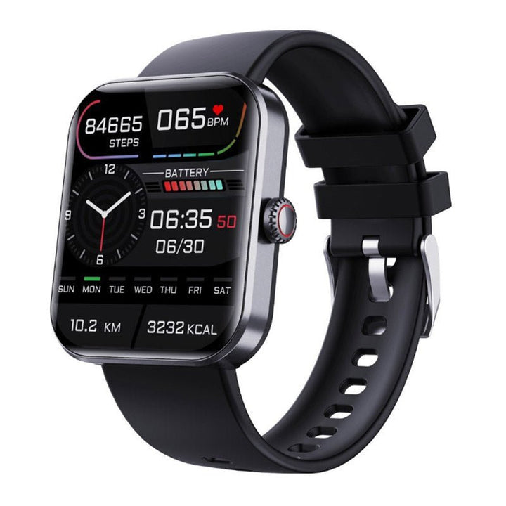 Schwarze Smartwatch mit rechteckigem Display, Fitness-Tracker, Herzfrequenzmesser, Schrittzähler.