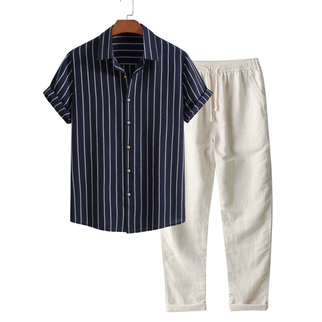"Zweiteiliges Set mit gestreiftem Kurzarmhemd und schwarzer Kordelzughose, ideal für Sommermode und Komfort."